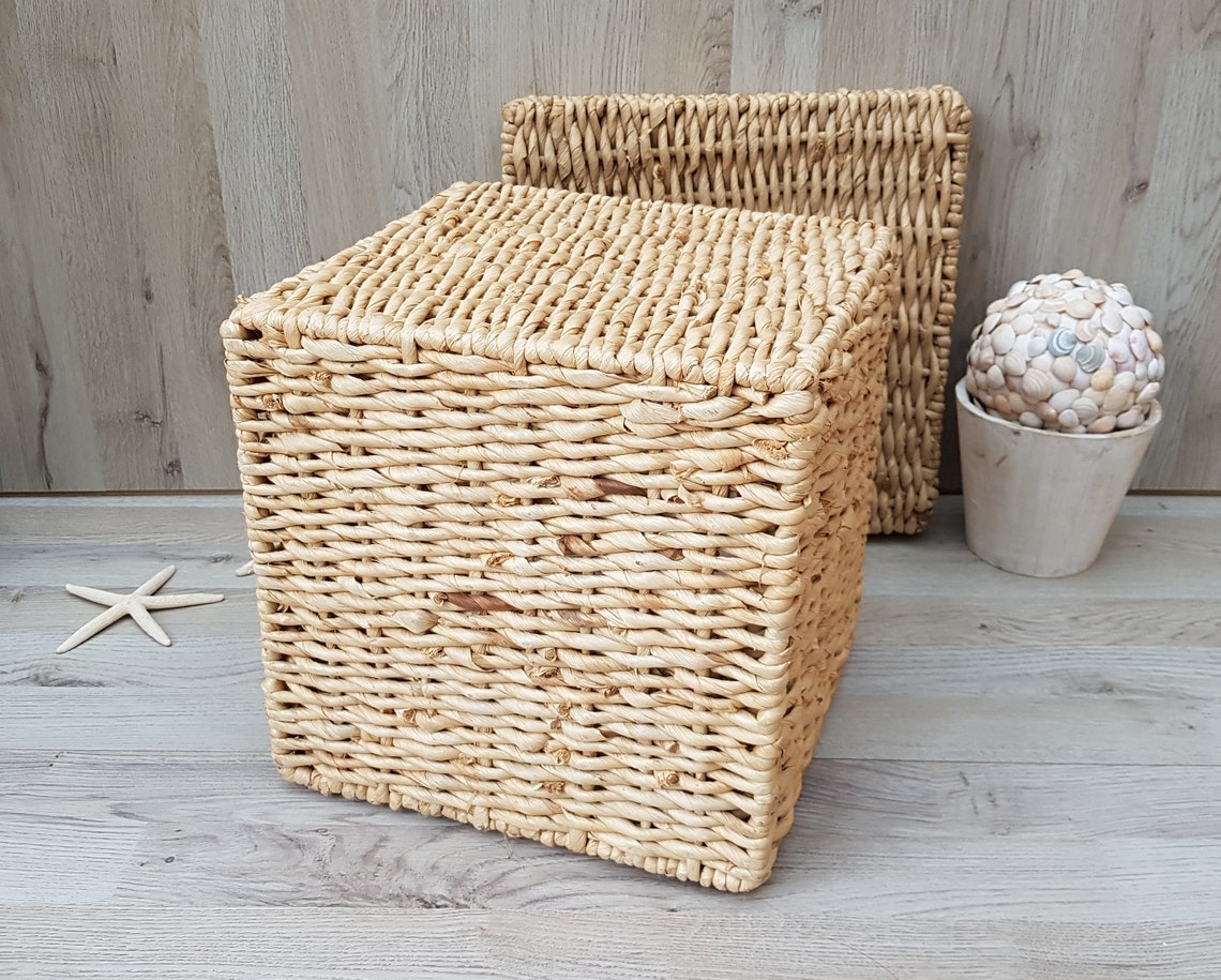 Vintage Wicker Lidded Basket Square Wicker Basket With Lid Etsy Canada