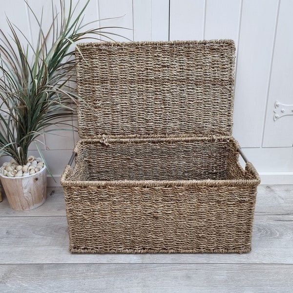 Rectangular Wicker Basket with Flip top lid, Seagrass Basket, Sturdy, Coastal Decor, Storage Basket