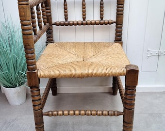 Antique Bobbin Corner Chair, Vintage Turned Wood Accent Chair, Rush Seat Cottage Chair, Rustic Farmhouse Decor, Early 20th Century Furniture