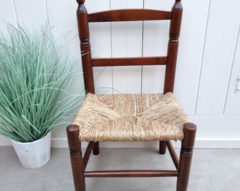Vintage Wooden Toddler Chair, Rustic Child's Chair with Woven Rush Seat