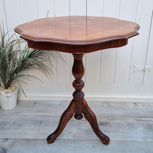 Italian Inlay Marquetry Side Table, Pedestal Accent Table, Wine Table, Turned Leg Lamp Table, Occasional Table, Tripod Table, Plant Table