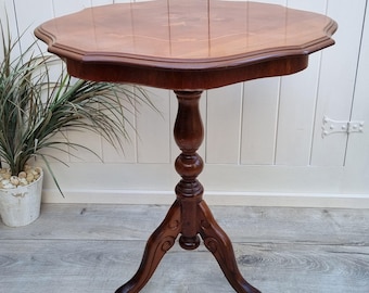 Italian Inlay Marquetry Side Table, Pedestal Accent Table, Wine Table, Turned Leg Lamp Table, Occasional Table, Tripod Table, Plant Table