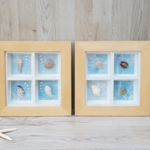 Inramad snäckkonst, Set med 2 ramar, Väggdekor, Kustdekor, Väggkonst, Strandhus, Trälåda, Inramade snäckor, Kustdekor