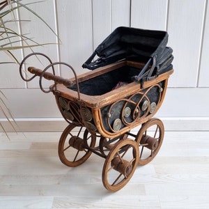 Antique Wicker Stroller, 15 Wicker Doll Buggy, Brown Black Pram, Doll Carriage, Newborn Photography Prop, Doll Basket, Wicker Doll Stroller image 3