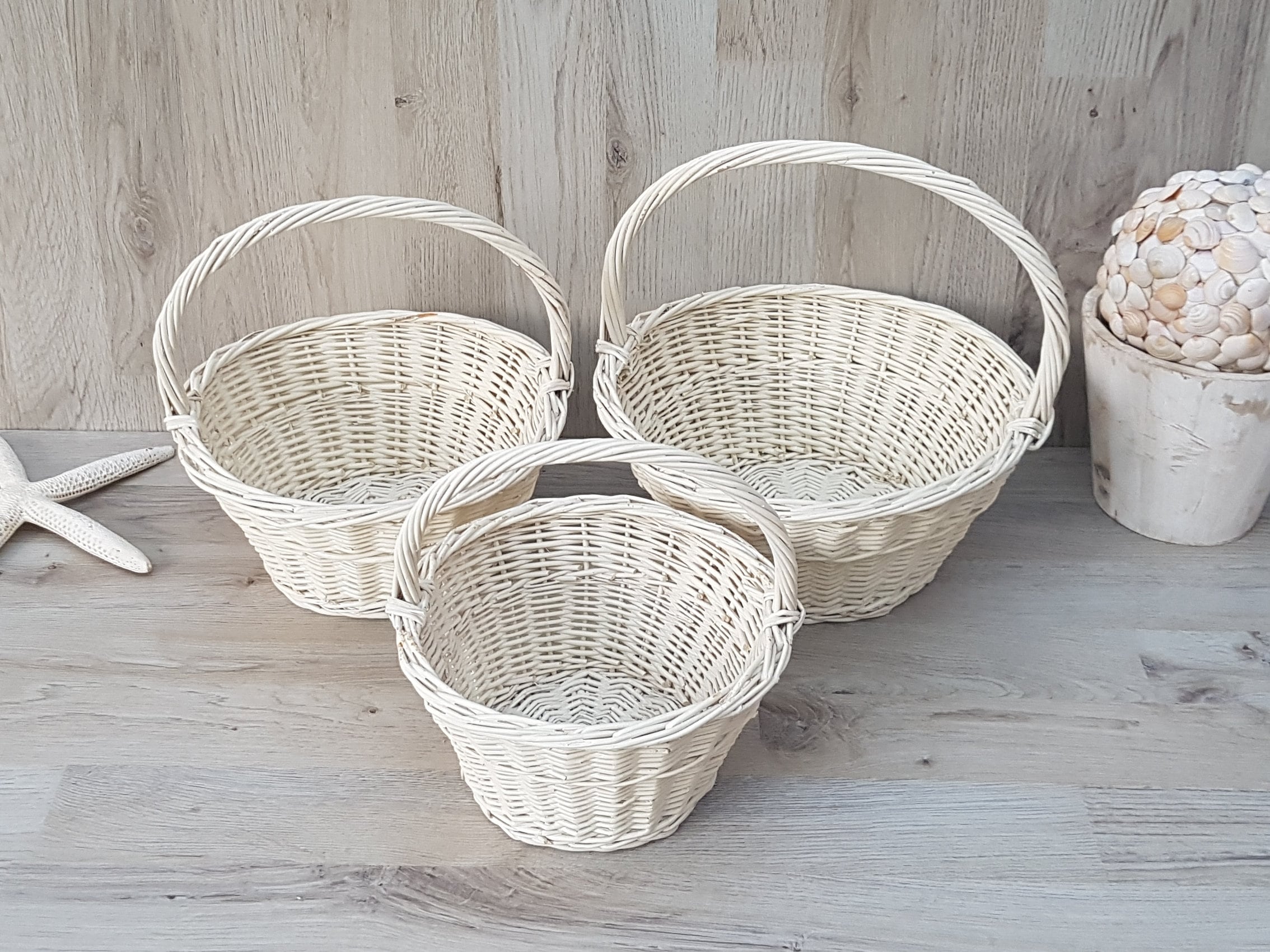 Set of 3 White Wicker Baskets With Handle Nesting Baskets Etsy
