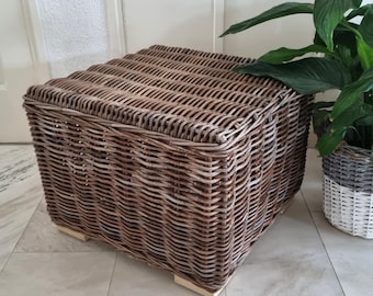Large Vintage Wicker Ottoman, XL Rattan Footstool