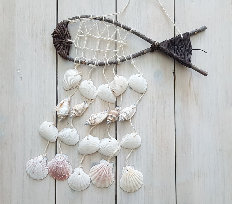 Wicker Fish & Shell Wind Chime Coastal Mobile Seashell Wind | Etsy