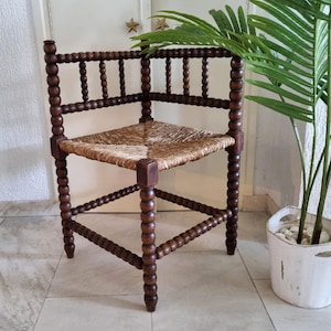 Antique Wooden Corner Chair, Bobbin Chair, Rush Seat Chair, Knitting Chair, Corner Shape Wooden Chair, Country Living, Farmhouse Decor
