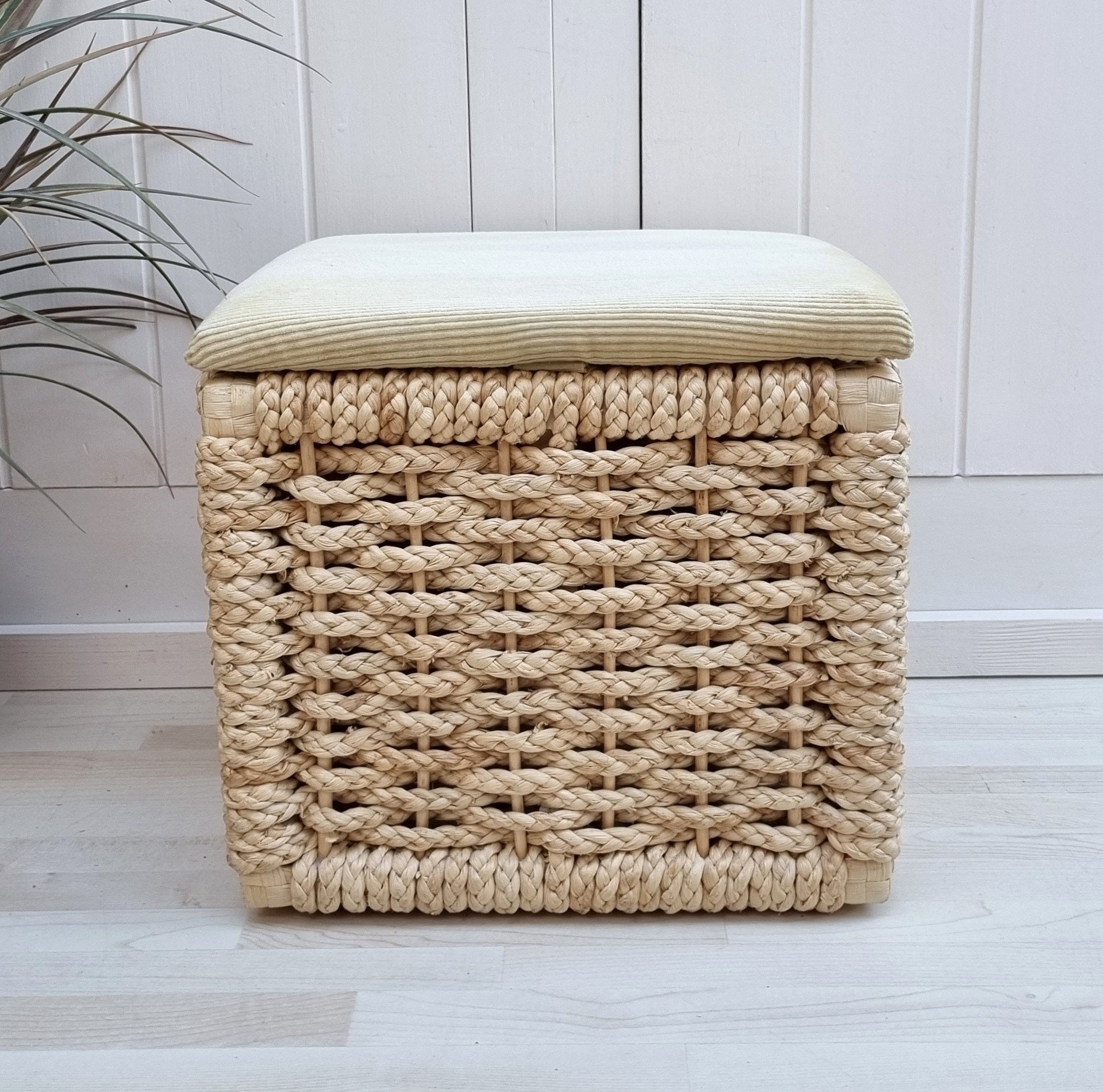 Antique Farmhouse Cottage Rattan Cushioned Foot Stool