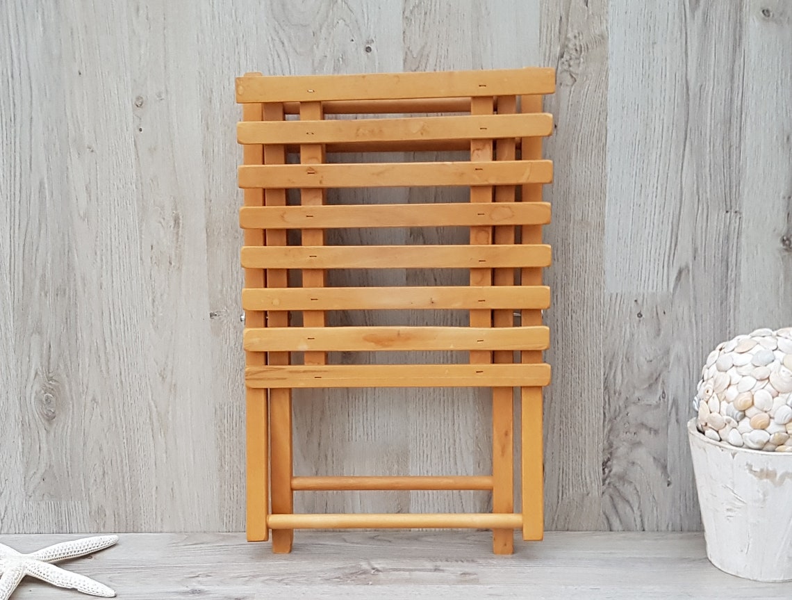 Vintage Foldable Side Table, Wooden Plant Stand, Wooden Stool, Small Side Table, Coastal decor, Bohemian decor, foto 4 de 5