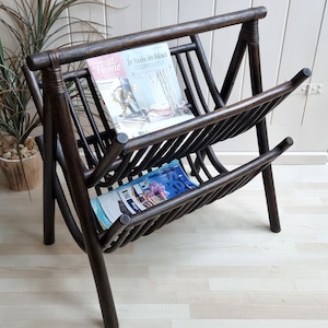 Vintage 2 Tier Bamboo Magazine Holder, Wicker Basket, Two Tiers, Sturdy Newspaper Holder, Coastal Decor, Bamboo Home Decor