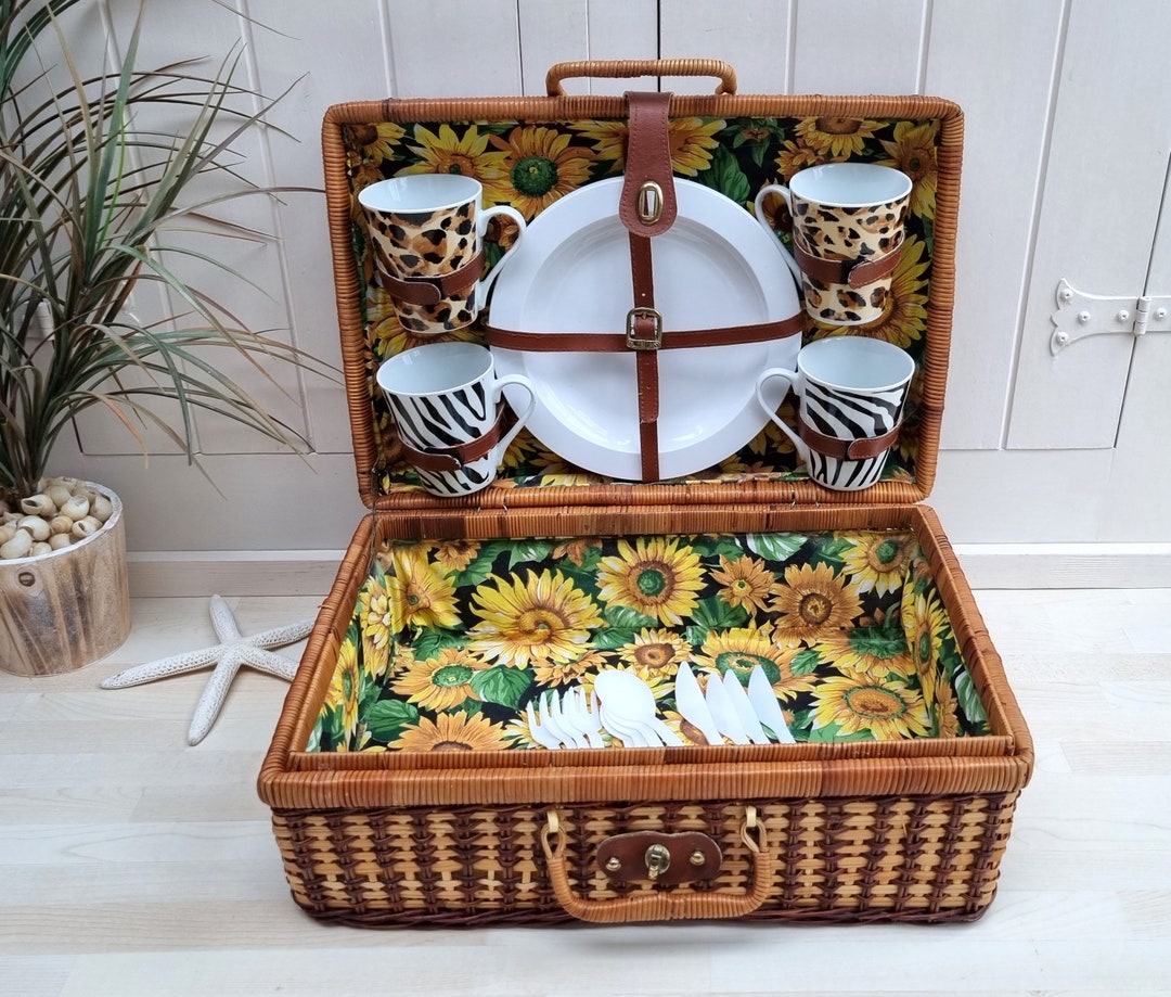 Vintage Wicker 'sunflower' Picnic Basket, Picnic for 4, Complete Picnic