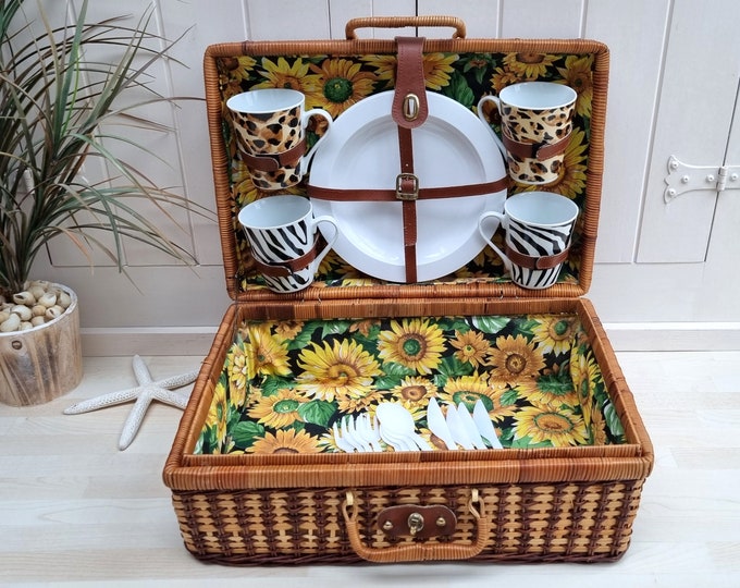 Vintage Wicker 'sunflower' Picnic Basket, Picnic for 4, Complete Picnic ...