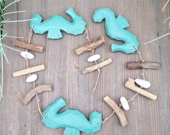 Turquoise Seahorse Garland, Beach house, Coastal decor