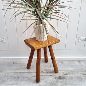 Op de afbeelding: Een kleine, antieke houten kruk met drie poten. De kruk ondersteunt een witte keramische pot met een plant. Het hout heeft een warme, goudbruine tint. Een charmant en functioneel meubelstuk.