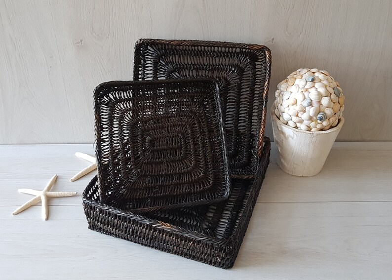 3 Wicker Wall Baskets, Square Nesting Baskets, Decorative Wicker Basket, Shallow Basket, Coastal Decor, Bohemian Decor, Beach House Decor image 7