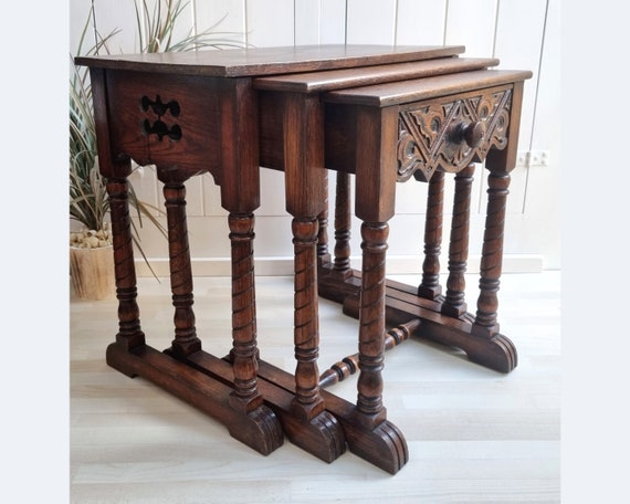 Nest of Three Oak Coffee Tables, Set of 3 Side Tables, Plant Table, Lamp  Table, Farmhouse Decor, Country Style 