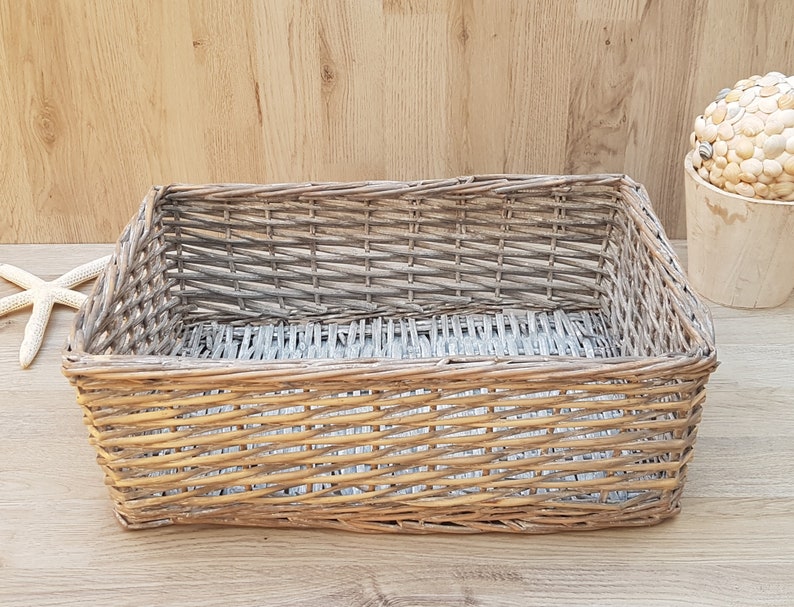 Vintage Rectangular Grey Wicker Basket With Lining Decorative Etsy