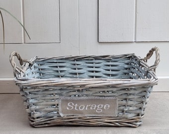 Rectangular Gray Wicker Storage Basket, Wicker Basket, Bathroom Basket, Coastal Decor, Decorative Wicker Basket, Wicker Home Decor