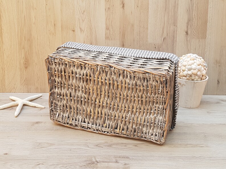 Vintage Rectangular Grey Wicker Basket With Lining Decorative Etsy