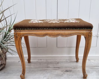 Victorian Wooden Stool, Queen Ann Style, Hand Carved Wood, Upholstered Footstool, Piano Stool, Vintage Home Decor, SunnyShells