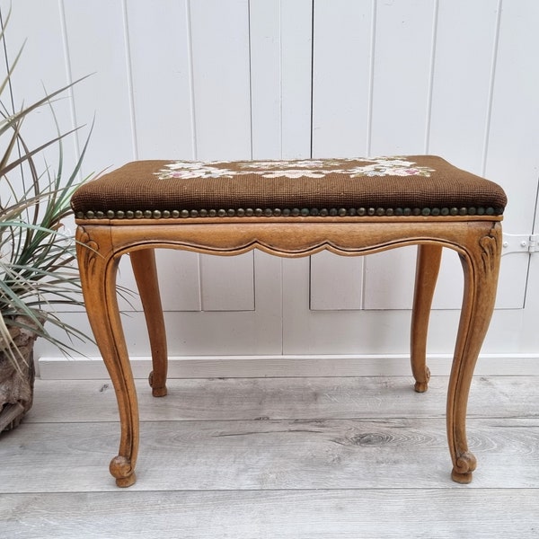 Victorian Wooden Stool, Queen Ann Style, Hand Carved Wood, Upholstered Footstool, Piano Stool, Vintage Home Decor, SunnyShells