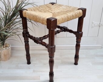 Vintage Wooden Stool with Rush Seat, Turned Leg Stool, Wicker Seat, Plant Stand, Country Living, Coastal Decor