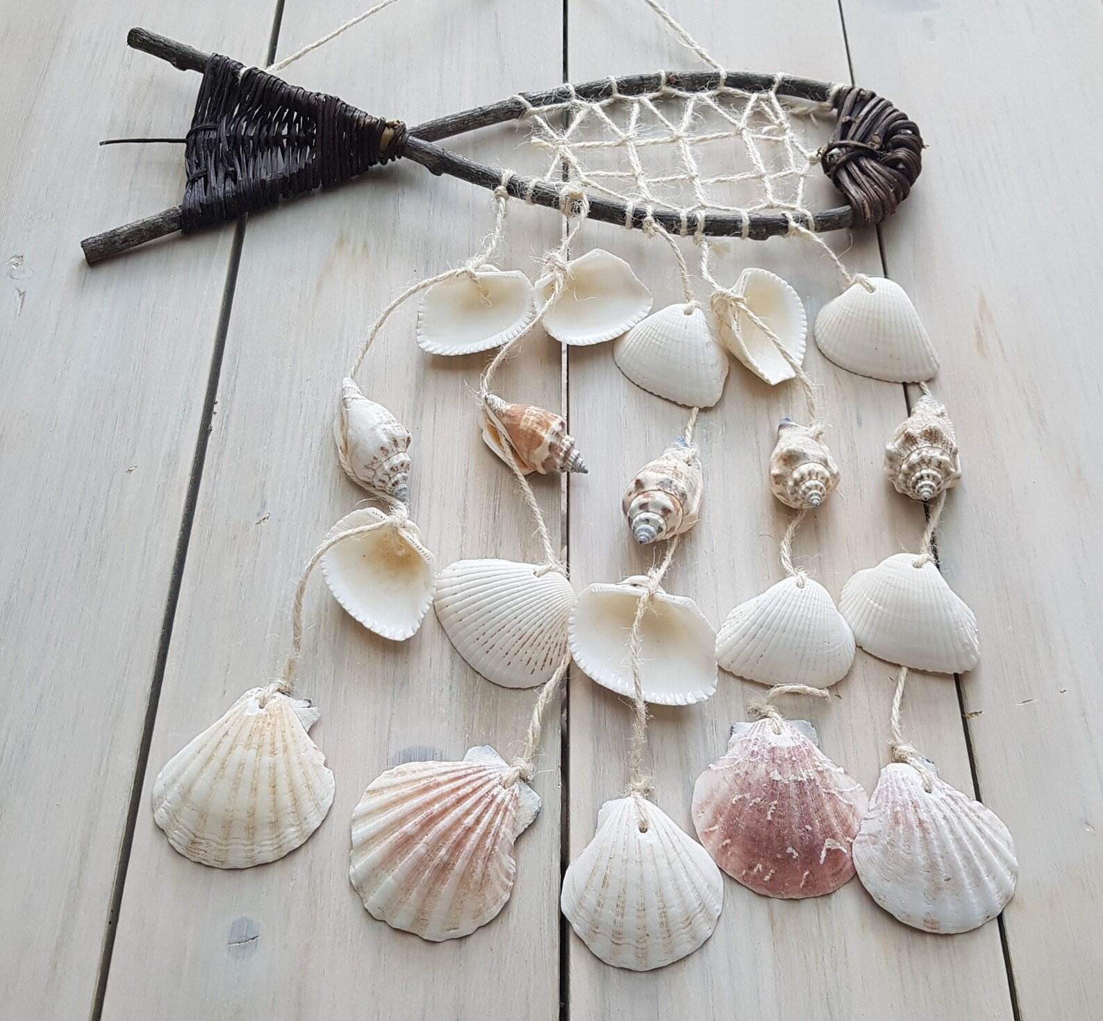 Wicker Fish & Shell Wind Chime Coastal Mobile Seashell Wind - Etsy