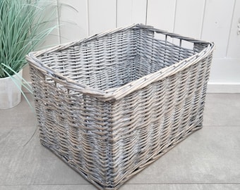 Rectangular Gray Wicker Basket, Vintage Wicker Storage Basket
