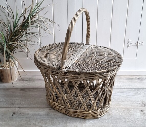 Vintage Grey Wicker Basket, Picnic Basket, Wicker basket with Handle, Hamper, Coastal Decor