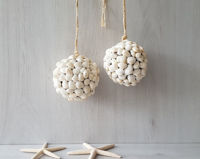 2 Decorative White Shell Balls Seashells Orb Beach House Etsy