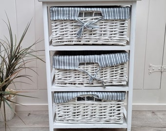 Vintage Wicker Drawers, Coastal Furniture, Wooden Cabinet, White Drawer Cabinet, Nightstand, Coastal Decor