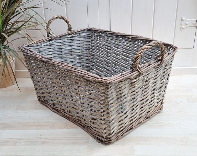 Vintage Rectangular Gray Wicker Basket, Wicker Magazine Holder, Gray