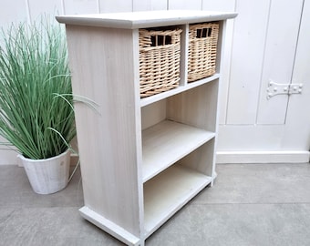 Credenza vintage in legno con 2 cassetti in vimini, organizer da cucina