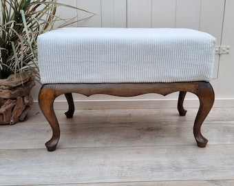 Wooden Footstool, Queen Ann Style, Upholtered Stool, White Ottoman, Victorian Footstool, Vintage Pouf, Home Decor, SunnyShells