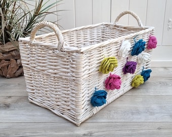 Vintage Rectangular White Wicker Basket