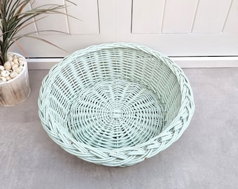 【 think of things】CIRCLE BASKET GREEN Vintage Round Wicker Basket, Mint Green Decorative Basket, Wicker
