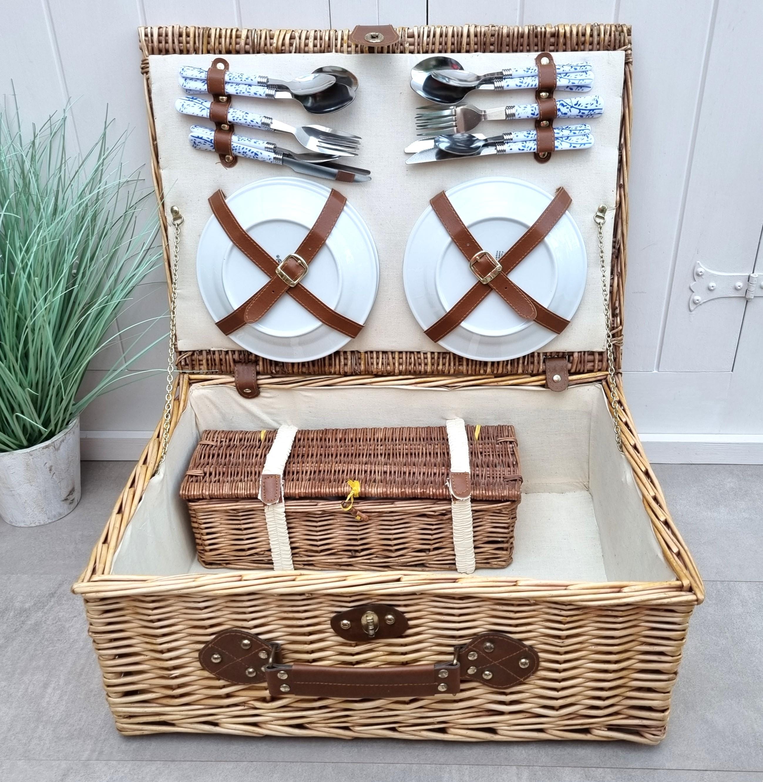 Vintage Wicker Picnic Basket Set With Ceramic Plates & Cutlery - Etsy