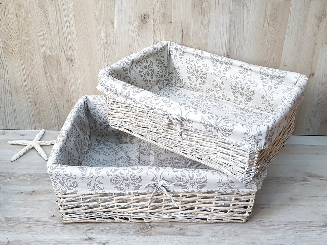 2 Nesting Gray Wicker Baskets With Lining, Rectangular Wicker Basket, Basket for Storage