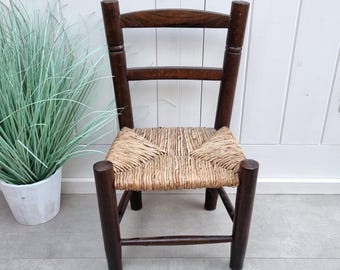 Vintage Wooden Toddler Chair, Rustic Child's Chair with Woven Rush Seat