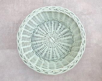 Vintage Round Wicker Basket, Mint Green Decorative Basket, Wicker
