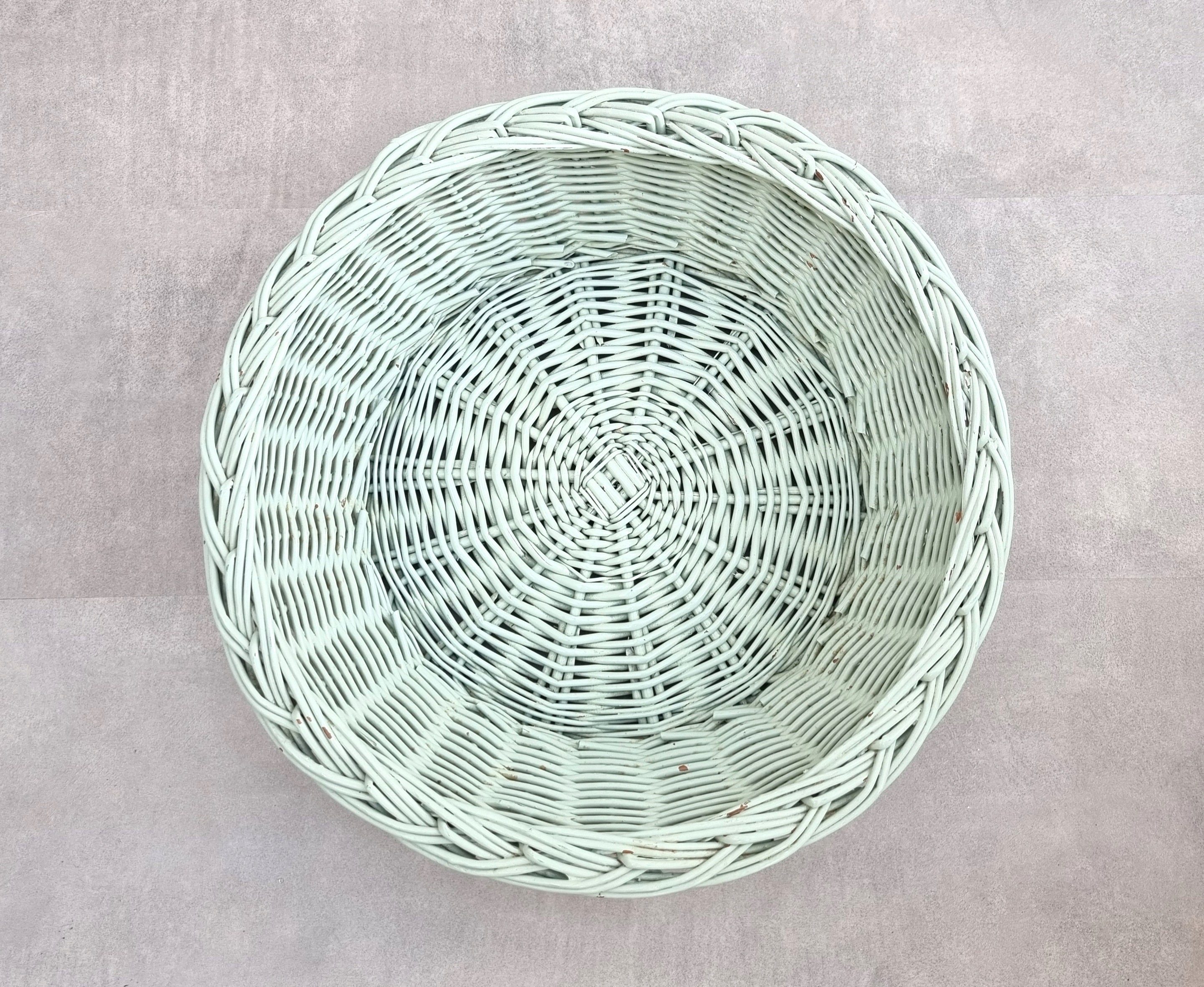 Vintage Round Wicker Basket, Mint Green Decorative Basket, Wicker