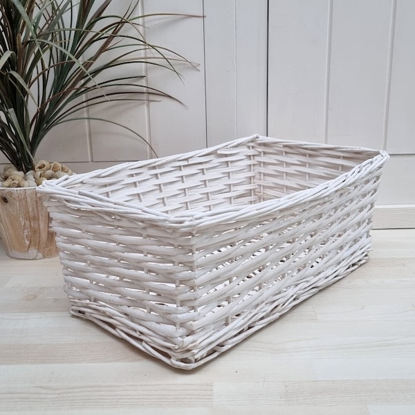 Rectangular White Wicker Basket, Storage Basket, Wicker Basket for Storage, Decorative Basket, Coastal Decor, Beach House Decor