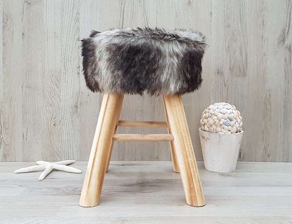 Vintage Faux Fur Wooden Stool Wooden Footstool White Grey
