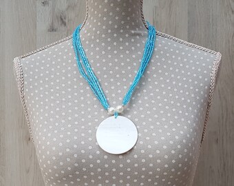Collana con ciondolo a conchiglia, madreperla, collana a strati, girocollo, perline blu, gioielli da spiaggia, gioielli bohémien, matrimonio in spiaggia
