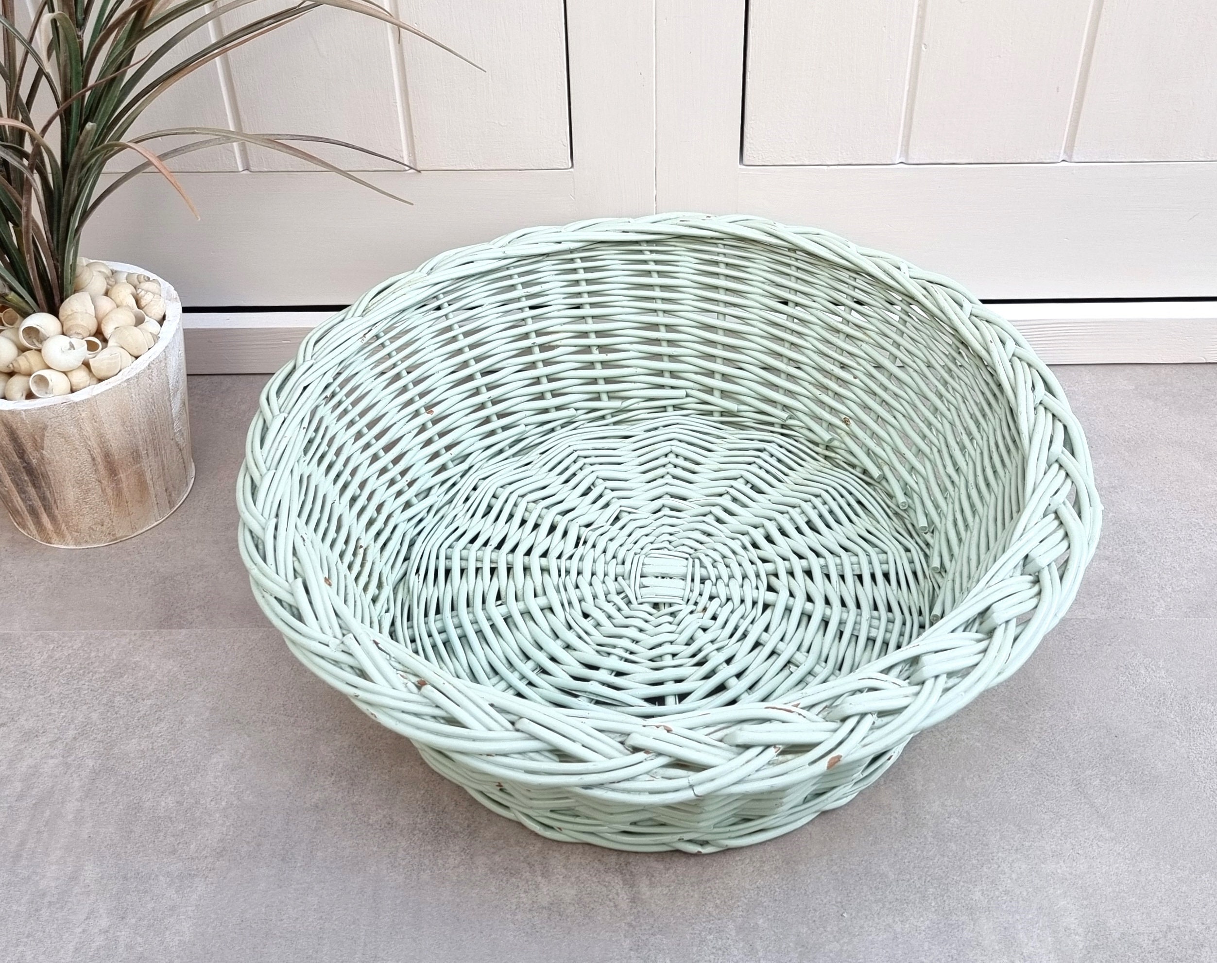 Vintage Round Wicker Basket, Mint Green Decorative Basket, Wicker