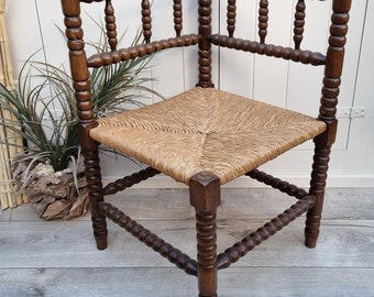 Antique Wooden Corner Chair, Bobbin Chair, Rush Seat Chair, Knitting Chair, Corner Shape Wooden Chair, Country Living, Farmhouse Decor