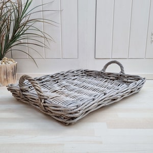 Large Rectangular Gray Wicker Tray, Wicker Basket, Decorative Rattan Tray, Coastal Decor, Farmhouse Decor, Home Decor