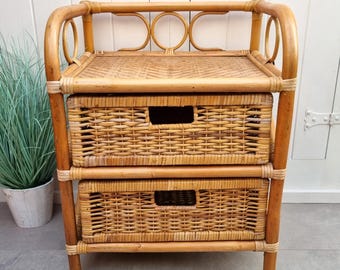 Vintage Wicker Nightstand, 2 Drawer cabinet, Bamboo Furniture, Rattan Drawers, Tropical Decor, Coastal Decor, Bohemian Decor