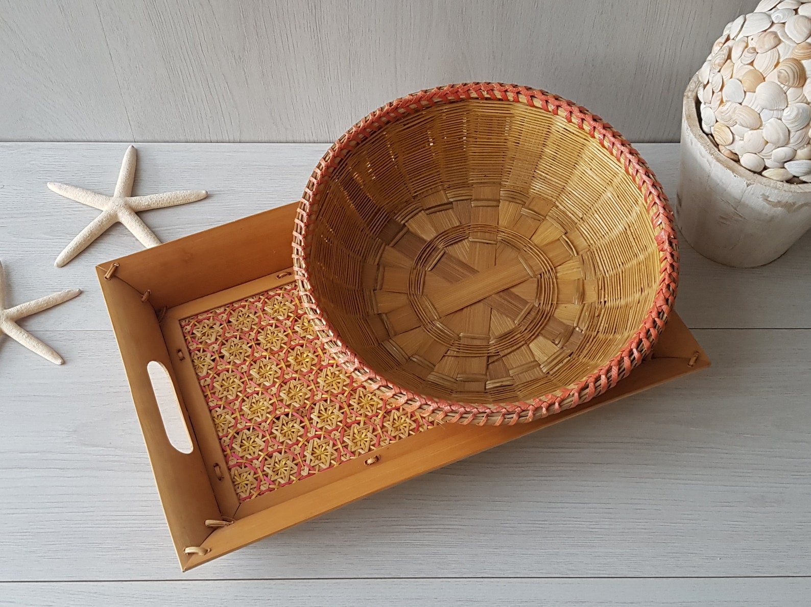 Vintage Bamboo & Wicker Serving Tray and Bowl Coffee Tray Etsy